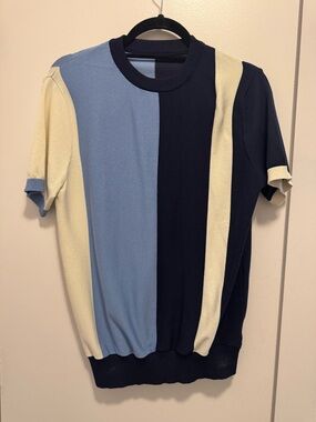 DAZY Men’s Small Color Block Knit Short Sleeve Sweater Top Navy Blue Cream Blue